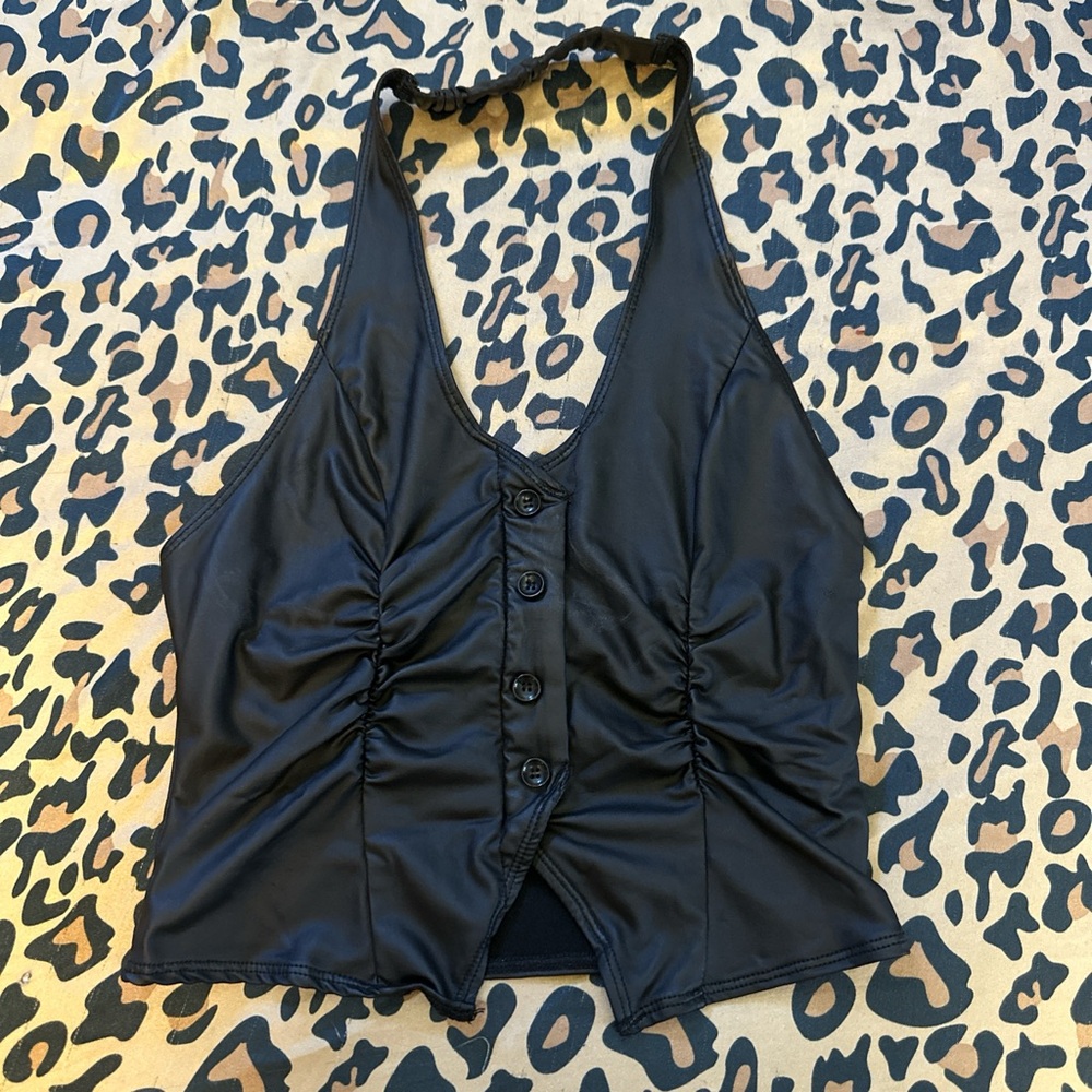 black faux leather halter top with button detailing